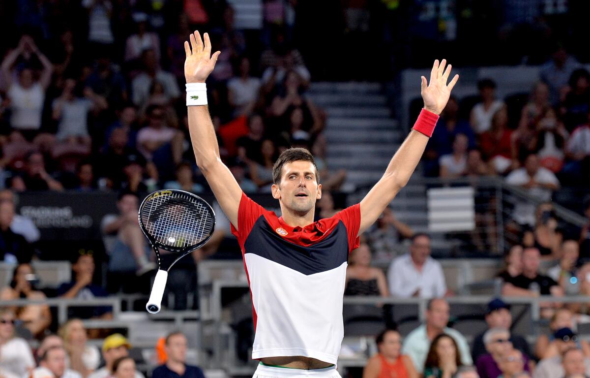 Novak Djokovic of Serbia celebrates a victory over Kevin Anderson of South Africa at the 2020 ATP Cup Group Stage on Jan. 4 in Brisbane, Australia.