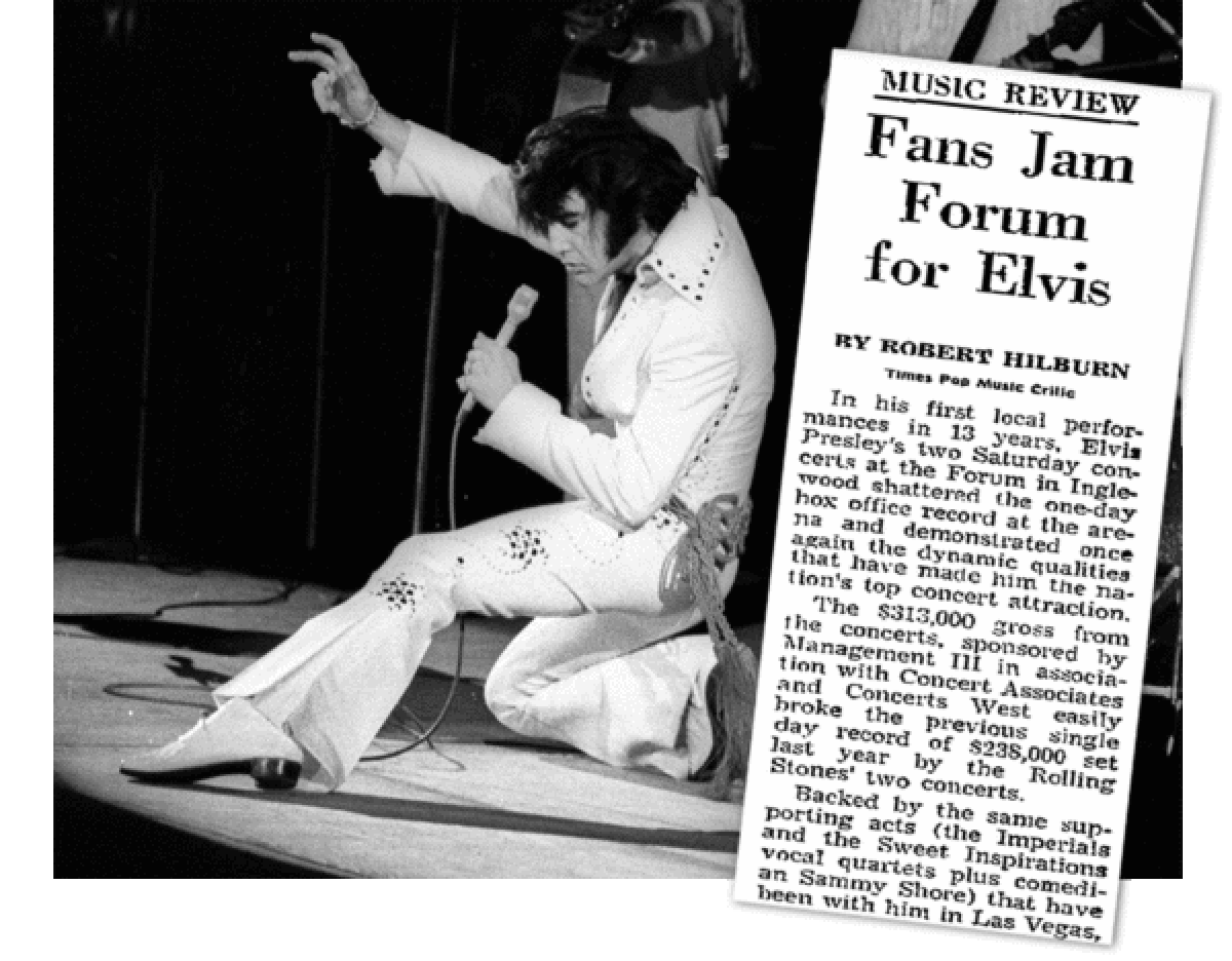 Elvis Presley in concert at the Forum in Inglewood on Nov. 14, 1970.