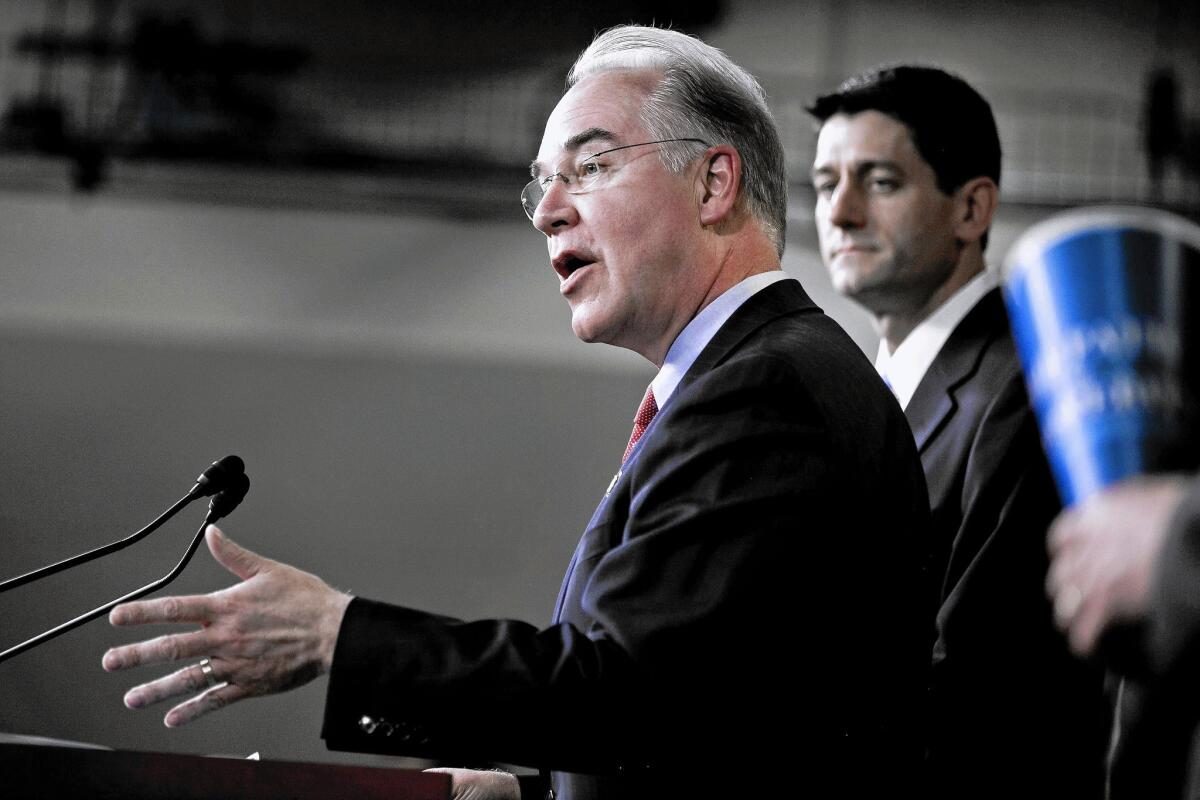 Rep. Tom Price (R-Ga), left, current chairman of the House Budget Committee, with then-House Budget Committee Chairman Paul Ryan (R-Wis.) in 2012.