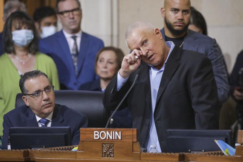 Los Angeles, CA - October 11: Councilman Mike Bonin addresses general public at city council meeting. City Hall on Tuesday, Oct. 11, 2022 in Los Angeles, CA. (Irfan Khan / Los Angeles Times)