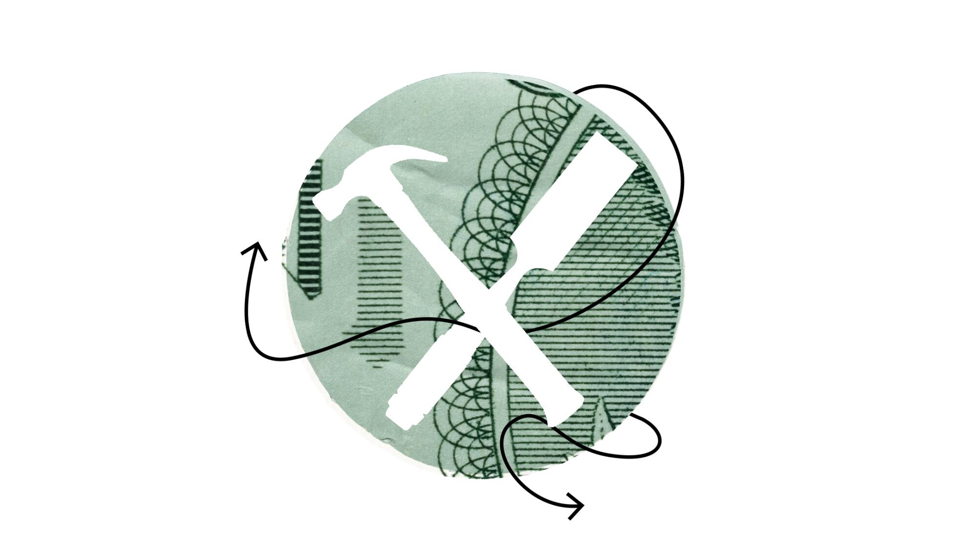 A circular cutout of a dollar bill encircled by arrows. A hammer and chisel in the middle.