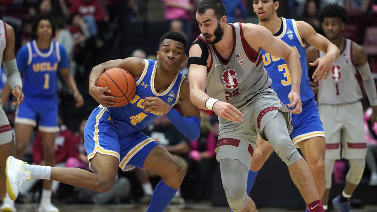 UCLA's Jaylen Hands tries to keep the ball away from Stanford's Josh Sharma during the second half Saturday at Palo Alto. Stanford won 104-80.