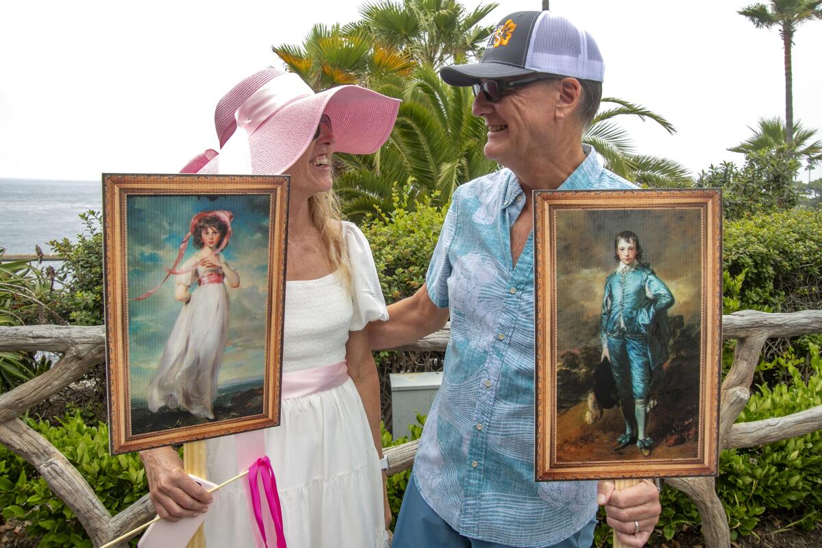 Brenda and Mark Madison dress as Thomas Lawrence's "Pinkie" and Thomas Gainsborough's "Blue Boy" in Laguna Beach.