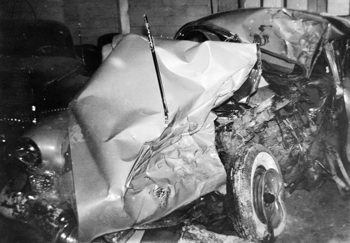The wreckage of the 1949 Cadillac golfer Ben Hogan was driving when it collided with a bus.