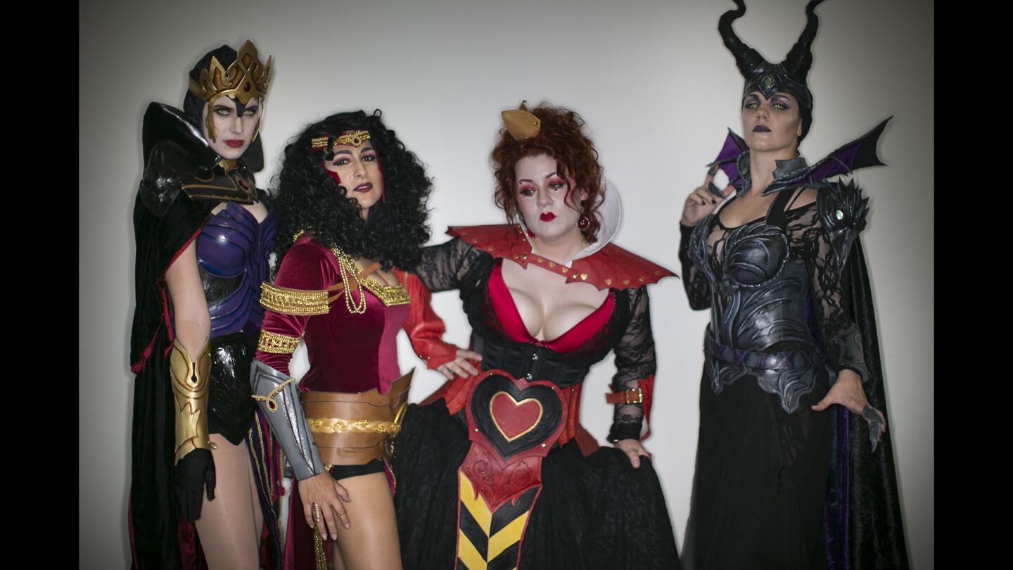 A collection of Disney villains at Comic-Con 2016 at the San Diego Convention Center: Valerie Watrous, left, as the evil Queen from "Snow White," Keikei Day as Mother Gothel from "Tangled," London Clark as the Queen of Hearts from "Alice in Wonderland," and Rachel Day as Maleficent from "Sleeping Beauty."