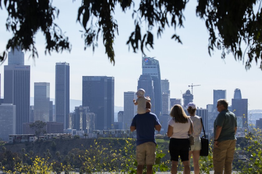LOS ANGELES, CA - FEBRUARY 27: View of downtown Los Angeles as seen from Elysian Park on a summer-like Sunday, Feb. 27, 2022. (Myung J. Chun / Los Angeles Times)