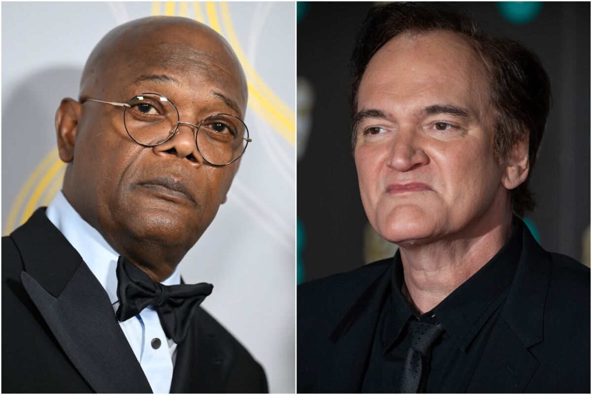 A split image of a bald man with round glasses wearing a tux and bowtie and a brunet man wearing a black shirt and tie.