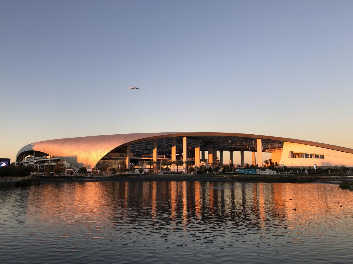 A view of SoFi Stadium from the Lake Park Overlook late in the afternoon.