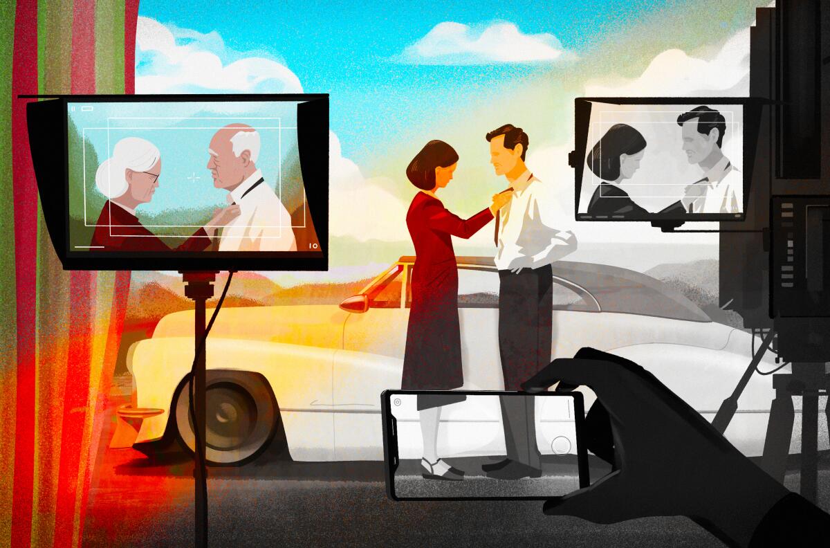 An illustration shows a man and woman on a movie set, one monitor showing them in color, another shows black and white.
