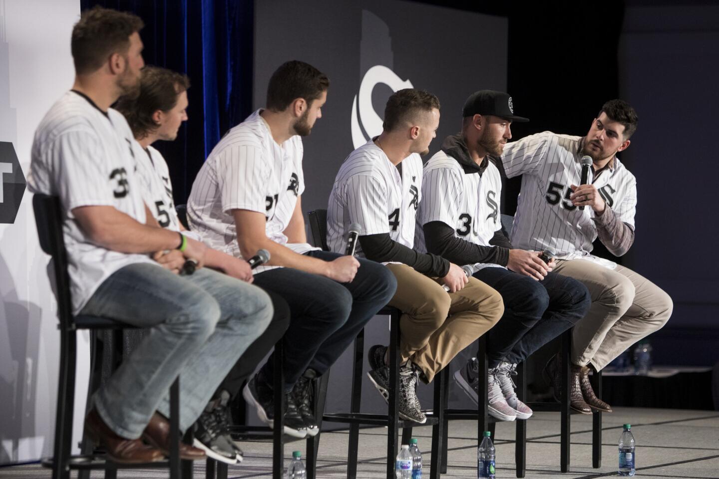 White Sox teammates Kevan Smith, left, Carson Fulmer, Lucas Giolito, Adam Engel, Nicky Delmonico and Carlos Rodon participate in a seminar during SoxFest 2018 at the Hilton Chicago on Saturday, Jan. 27, 2018.