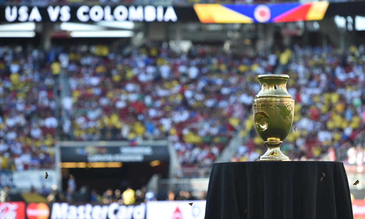 The Copa America Centenario trophy is displayed before the opening match between the United States and Colombia on June 3.