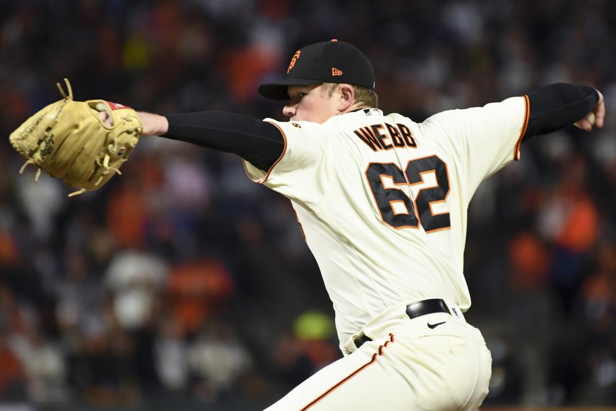 San Francisco starting pitcher Logan Webb delivers against the Dodgers in the second inning.