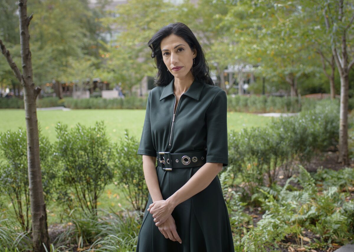 Huma Abedin poses for a portrait at a park in New York to promote her memoir "Both/And: A Life in Many Worlds" on Wednesday, Oct. 27, 2021. (Photo by Christopher Smith/Invision/AP)