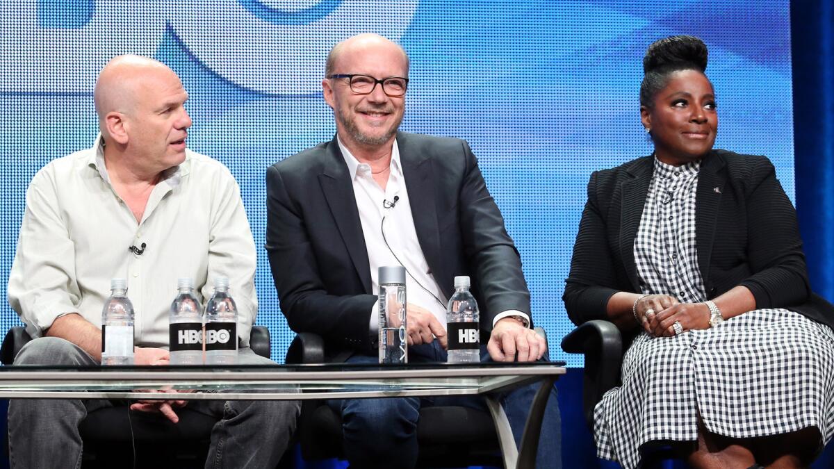 From left, writer/executive producer David Simon, director/executive producer Paul Haggis and actress LaTaya Richardson speak onstage during the "Show Me A Hero" panel.