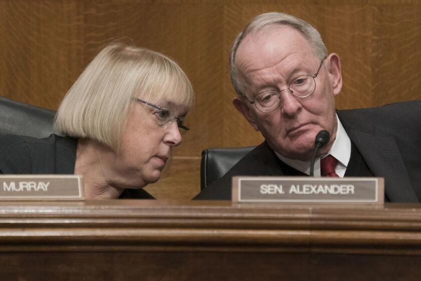 Mandatory Credit: Photo by MICHAEL REYNOLDS/EPA-EFE/REX/Shutterstock (9159491c) Lamar Alexander and Patty Murray Senate Health, Education, Labor and Pensions Committee hearing on examining how healthy choices can improve health outcomes and reduce costs, Washington, USA - 19 Oct 2017 Republican Senator from Tennessee and Chairman of the Senate Committee on Health, Education, Labor and Pensions Lamar Alexander (R) and Ranking Member of the committee and Democratic Senator from Washington Patty Murray (L) attend the Senate Committee on Health, Education, Labor and Pensions Committee's hearing on 'examining how healthy choices can improve health outcomes and reduce costs', on Capitol Hill in Washington, DC, USA, 19 October 2017. ** Usable by LA, CT and MoD ONLY **