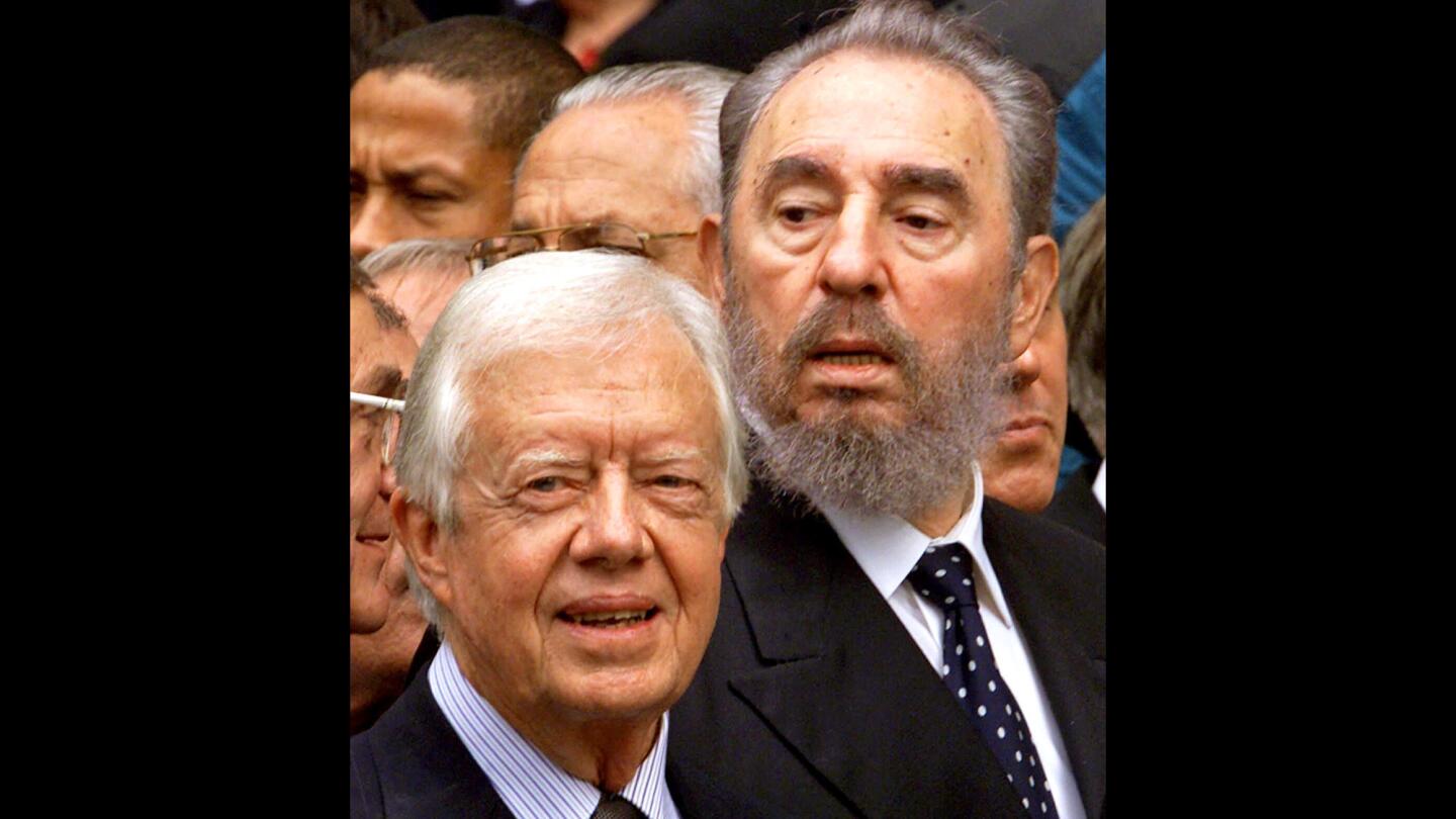 Castro and former President Jimmy Carter attend funeral services for former Canadian Prime Minister Pierre Trudeau in Montreal.