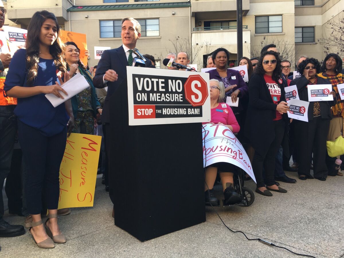 Los Angeles Mayor Eric Garcetti appeared Tuesday with leaders of labor unions, business groups and nonprofit organizations who oppose Measure S, which would impose new restrictions on real estate development.