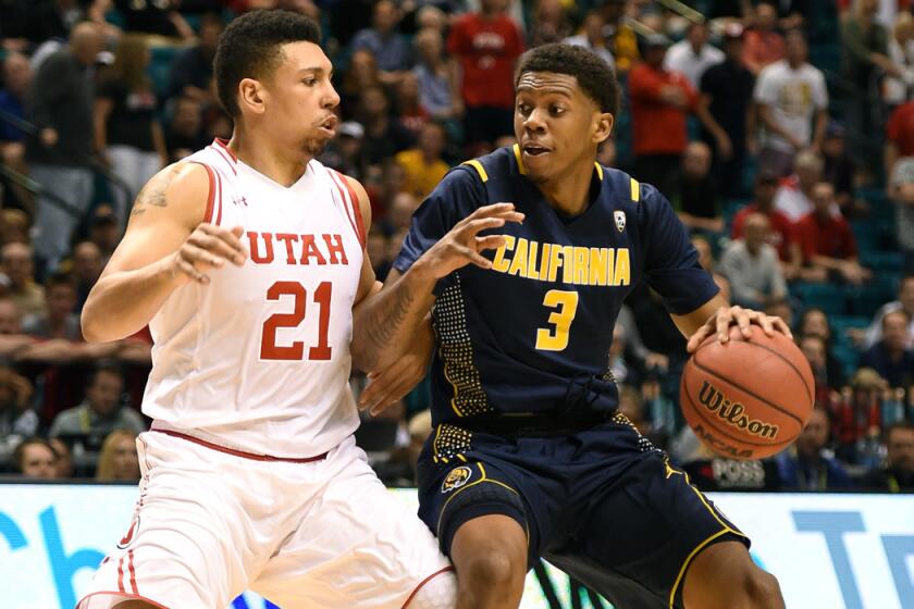 California's Tyrone Wallace, right, drives against Utah's Jordan Loveridge during a semifinal game of the Pac-12 Basketball Tournament at MGM Grand Garden Arena on March 11.