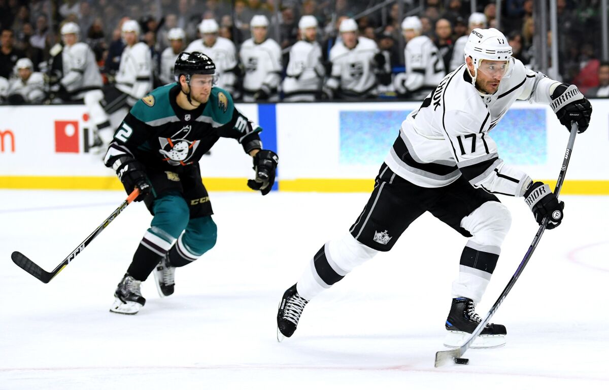 Ilya Kovalchuk of the Kings takes a shot in front of Jacob Larsson of the Ducks on Nov. 6 at Staples Center.