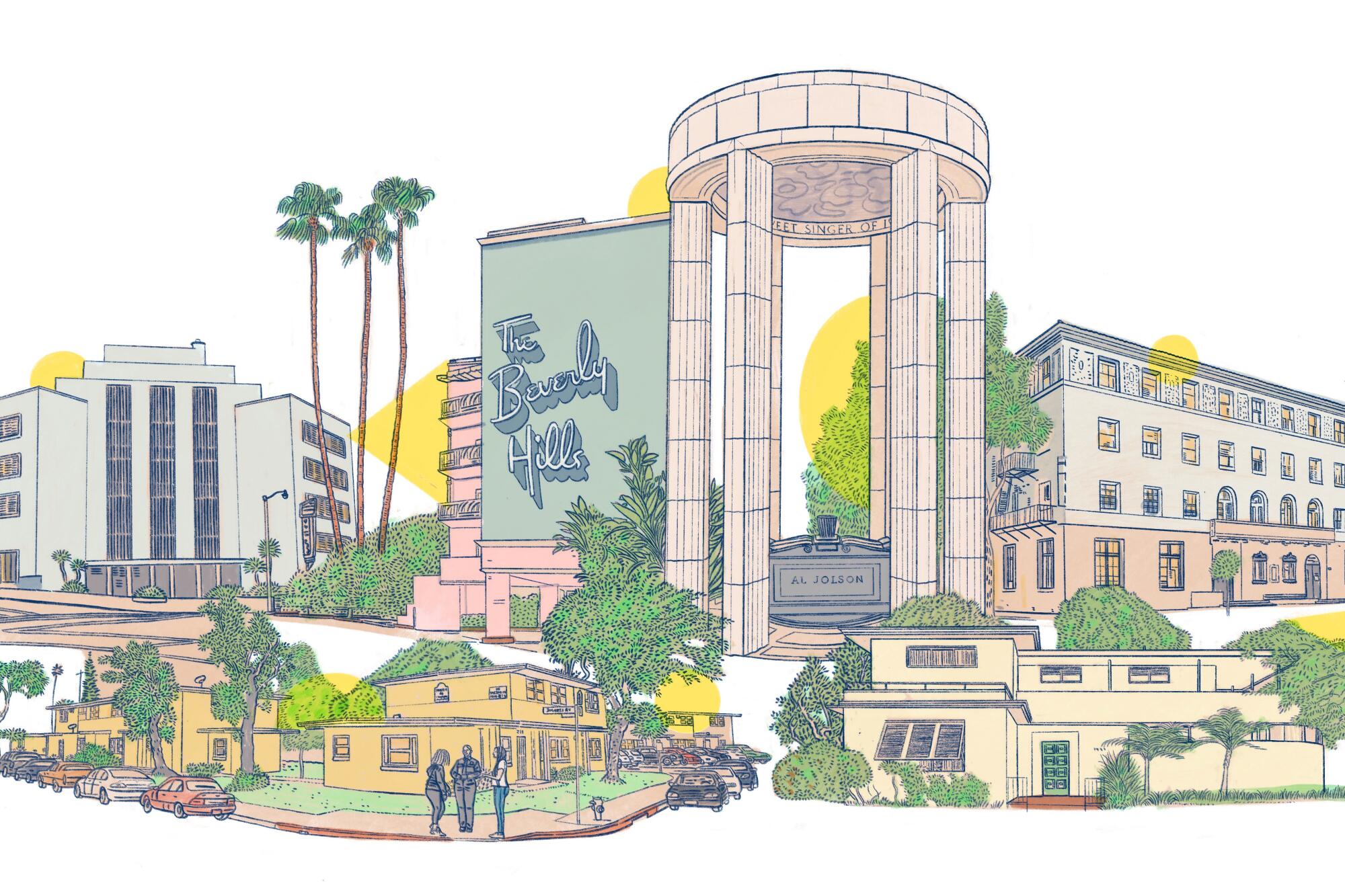 An illustration shows architect Paul Williams before the Hollywood Hills and the façade of the Beverly Hills Hotel.