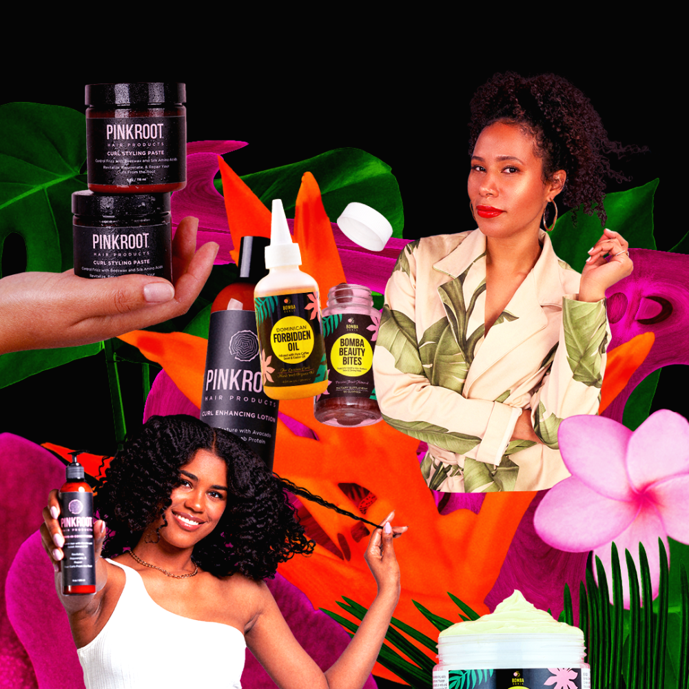 Collage of images of two women and hair care products and flowers.
