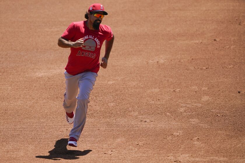 Los Angeles Angels' Anthony Rendon runs the bases during practice at Angels Stadium on Friday, July 3, 2020, in Anaheim, Calif. (AP Photo/Ashley Landis)