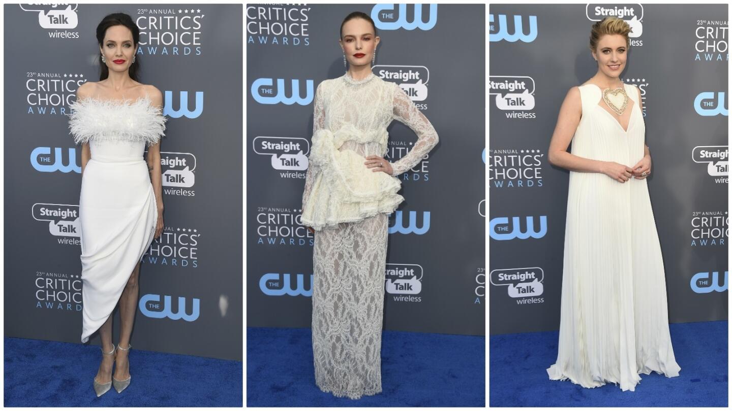 The women in white at the 23rd Annual Critics' Choice Awards on Jan. 11 included Angelina Jolie (in Raph & Russo), from left, Kate Bosworth (in Brock Collection) and Greta Gerwig (in Fendi).