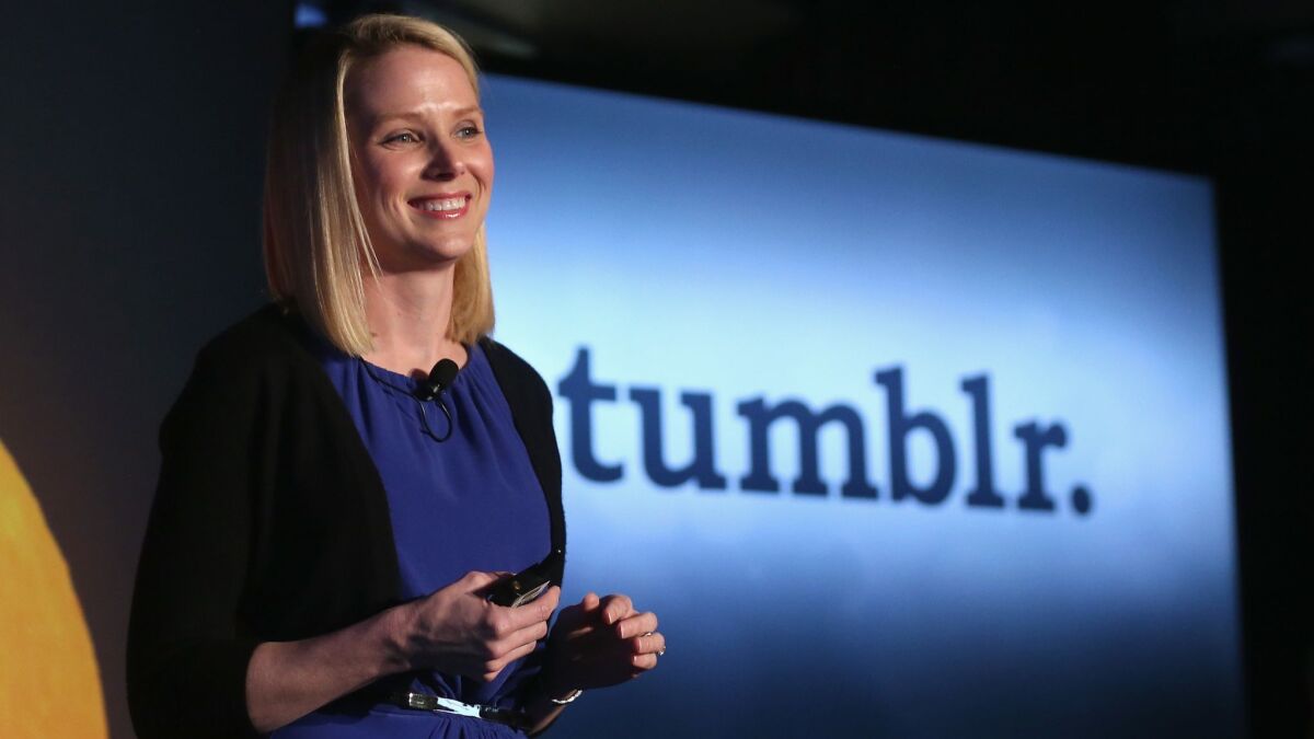 Yahoo bought Tumblr in 2013 for $1.1 billion — and later concluded it had vastly overpaid. Above, then-Yahoo CEO Marissa Mayer speaks about the acquisition.