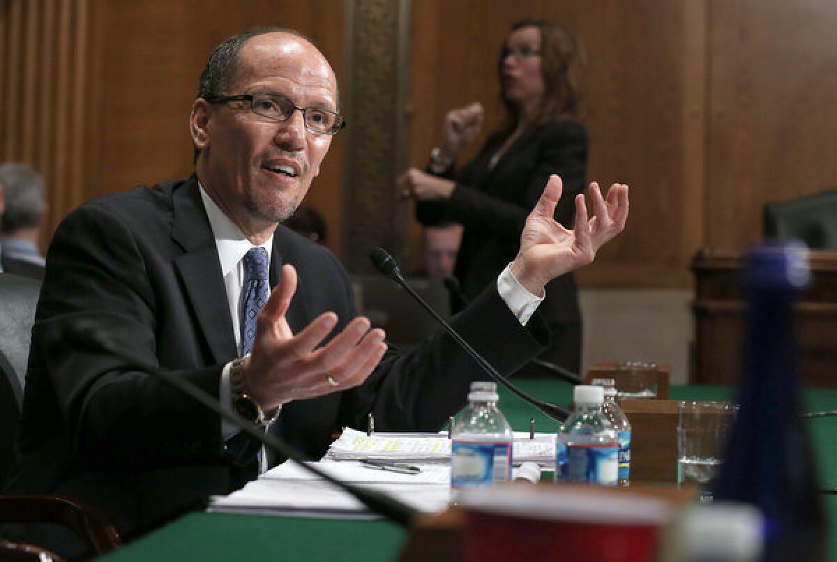 Labor Secretary nominee Thomas Perez testifies during his confirmation hearing before the Senate Health, Education, Labor and Pensions Committee on Capitol Hill.