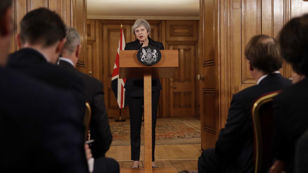 Britain's Prime Minister Theresa May speaks during a press conference inside 10 Downing Street in London on Nov. 15.