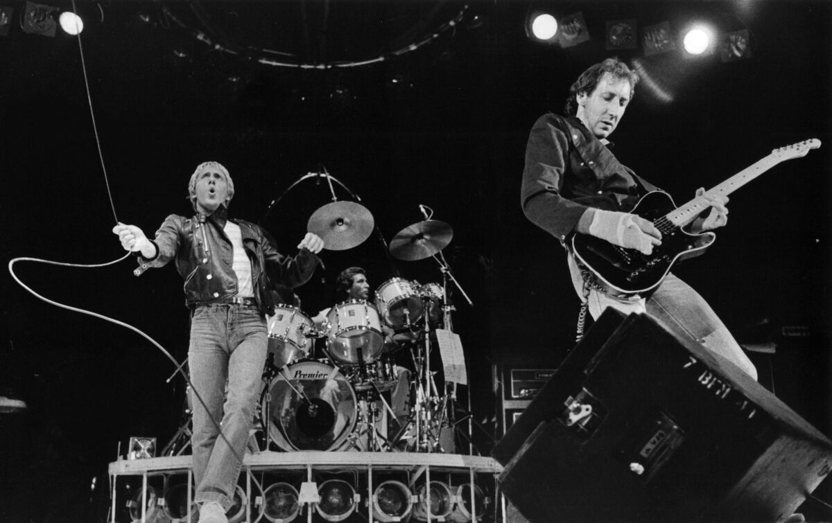 The Who, from left, Roger Daltrey, drummer Kenney Jones and Peter Townshend in concert at the L.A. Sports Arena on June 24, 1980.
