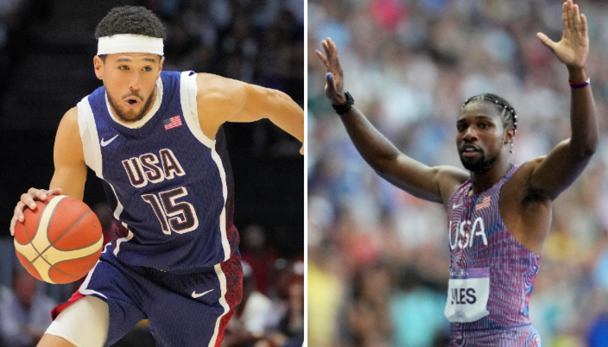 Devin Booker of the U.S. men's basketball team, left, and U.S. sprinter Noah Lyles