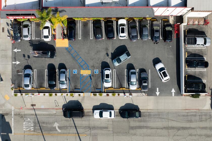 PASADENA, CA - FEBRUARY 06: Overhead view of one of the worse parking lots in Los Angeles at Trader Joes in Pasadena Tuesday, Feb. 6, 2024. (Brian van der Brug / Los Angeles Times)