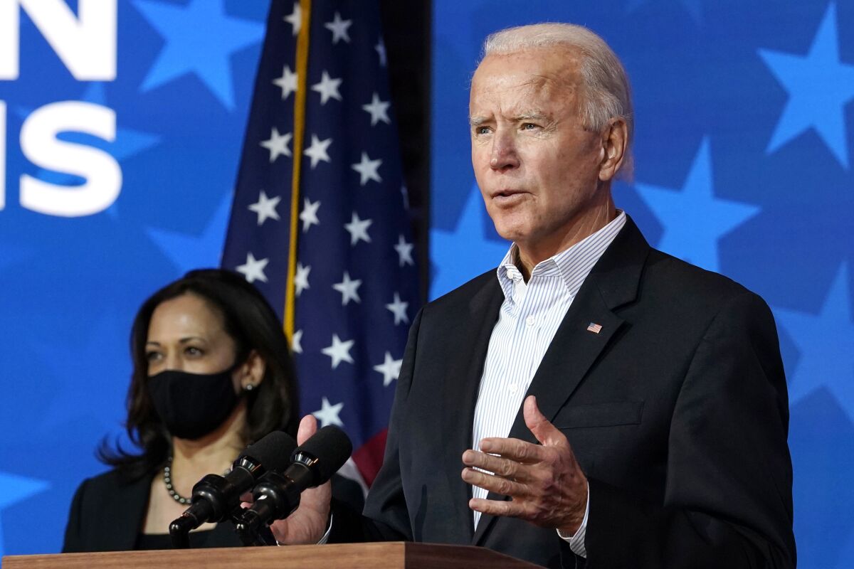 Joe Biden speaks Thursday on stage with his running mate, Sen. Kamala Harris