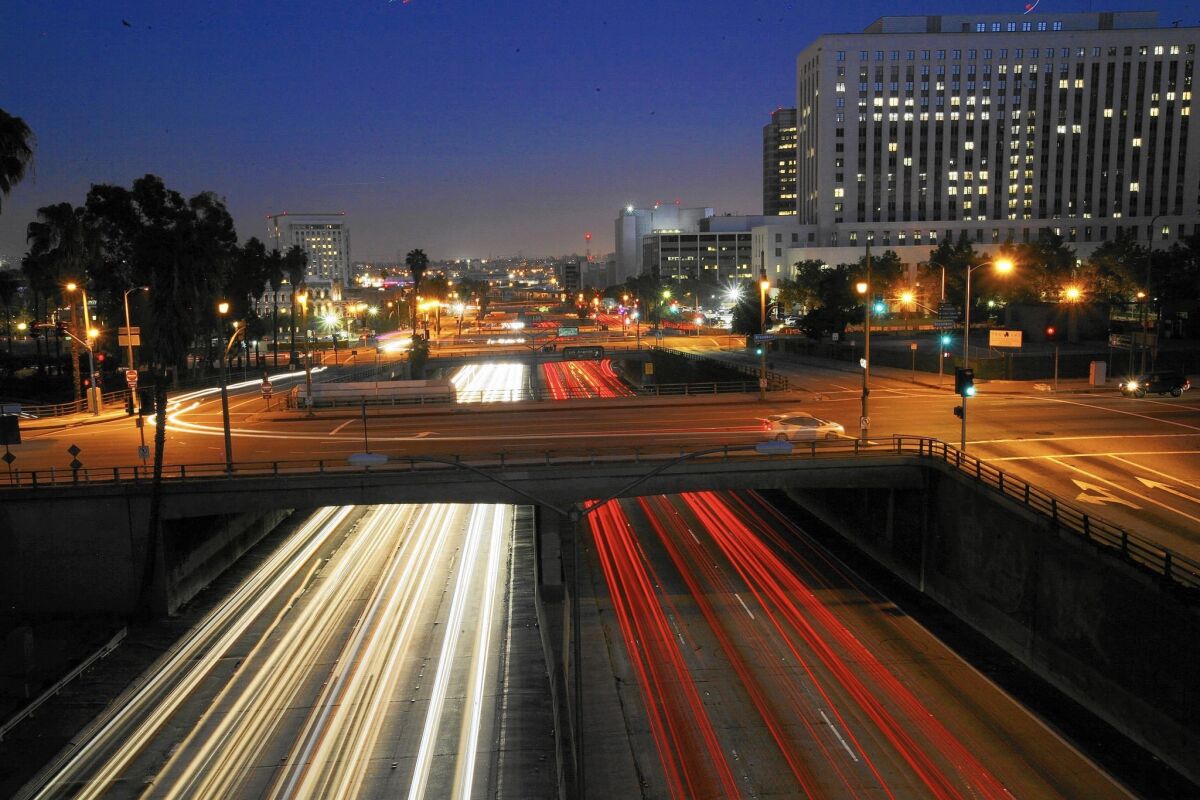 A view over the 101 Freeway southbound from the Hill Street bridge.