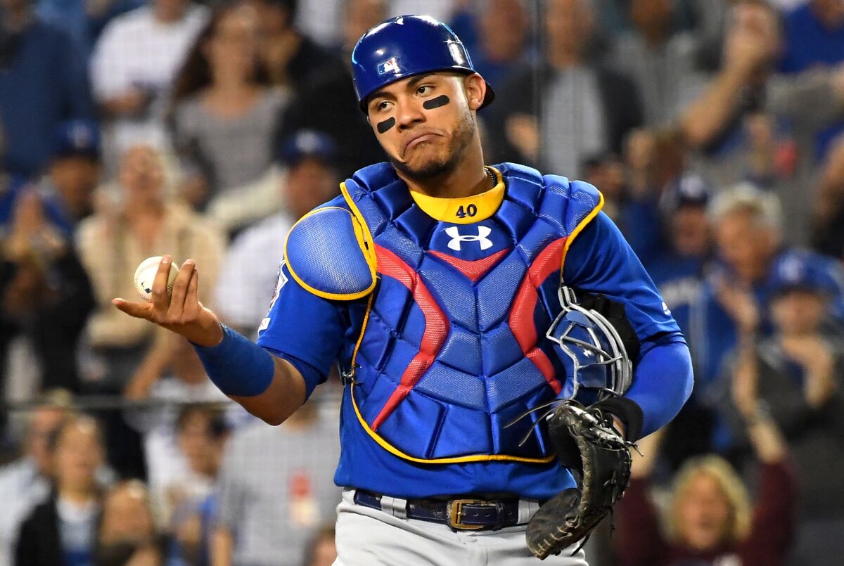 Chicago Cubs catcher Willson Contreras gestures during a game against the Dodgers in June.