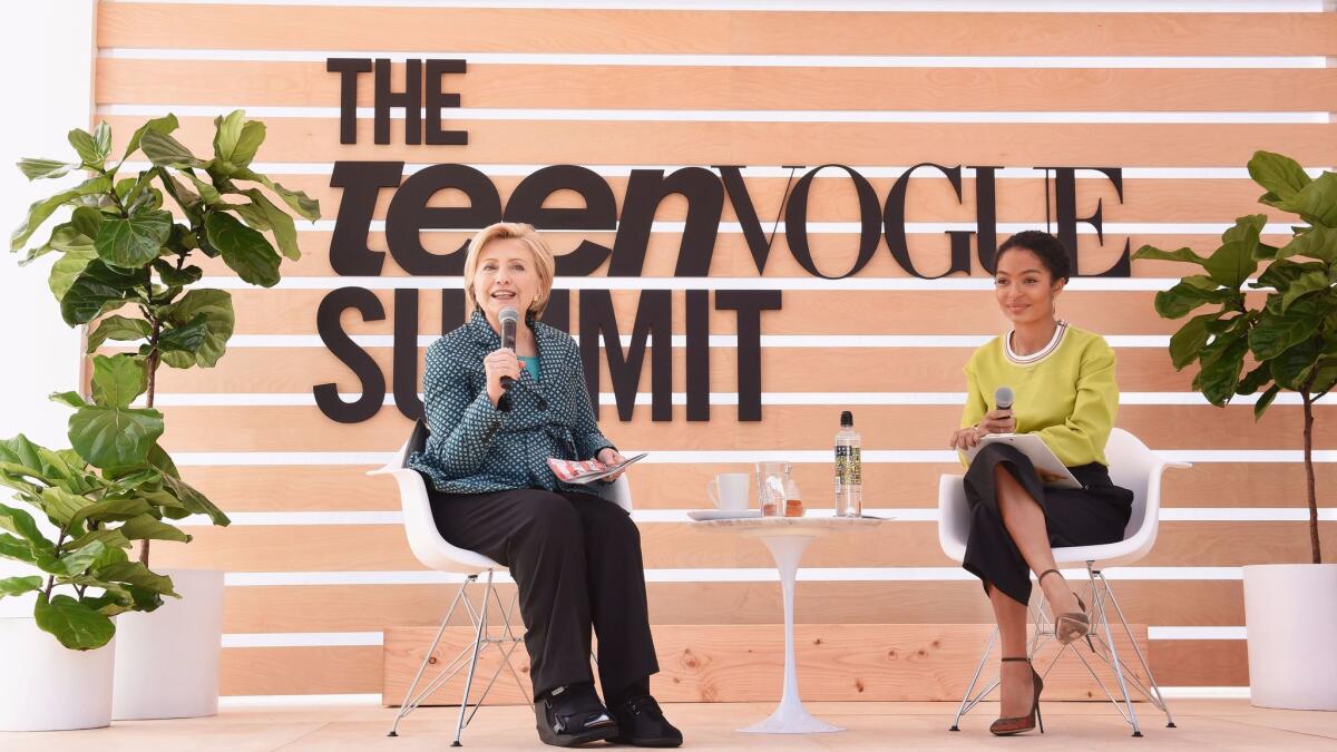Hillary Clinton and 'black-ish" star Yara Shahidi onstage at the Teen Vogue Summit.