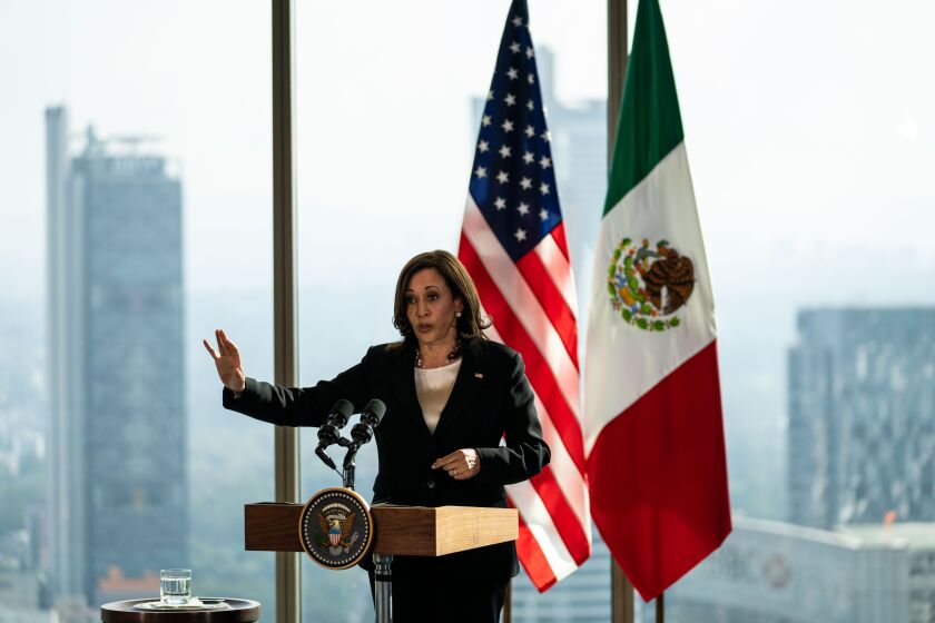 MEXICO CITY, MEXICO - JUNE 08: Vice President Kamala Harris speaks during a news conference at the on Tuesday, June 8, 2021. The Vice President is wrapping up her first international trip since taking office, visiting Guatemala and Mexico to discuss the root causes of migration from the Central American countries in what is known as the Northern Triangle - Honduras, El Salvador and Guatemala. (Kent Nishimura / Los Angeles Times)
