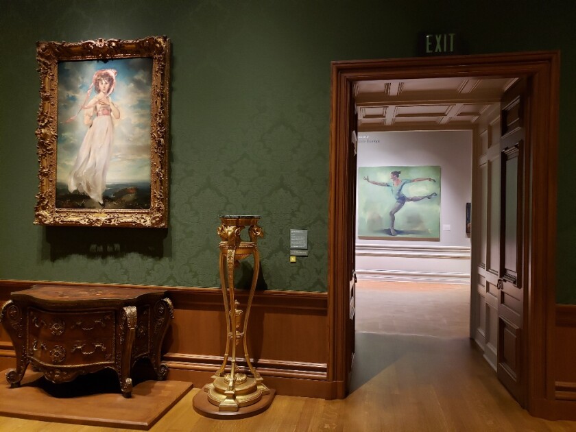 Yiadom-Boakye's paintings are installed in the foyer to the Huntington's gallery for British Grand Manner portraits.