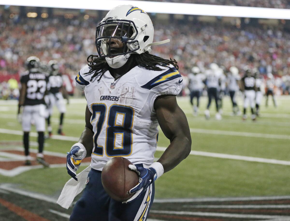 Chargers running back Melvin Gordon (28) runs into the end zone for a touchdown against the Falcons during the second half.
