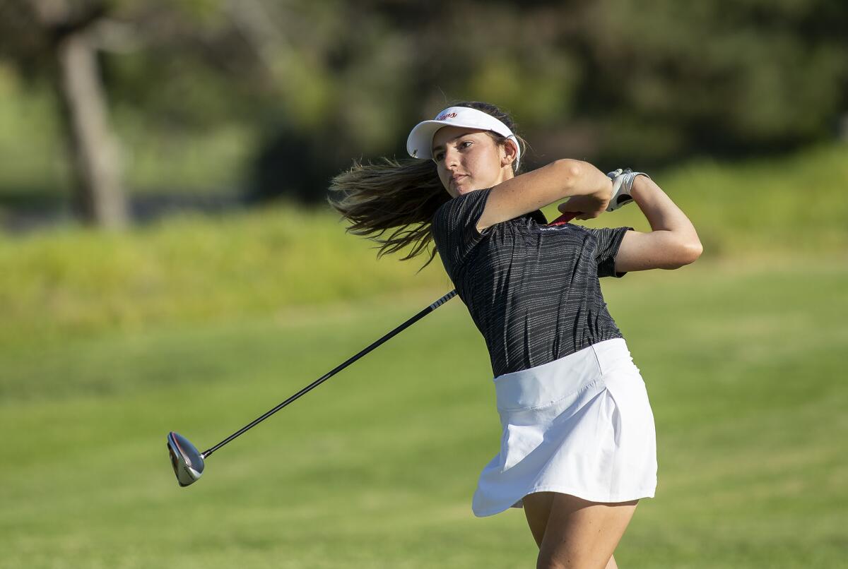 Huntington Beach's Vanessa Betancourt, pictured teeing off against Edison on Oct. 1, led the Oilers to a 193-302 win over Corona del Mar on Tuesday.