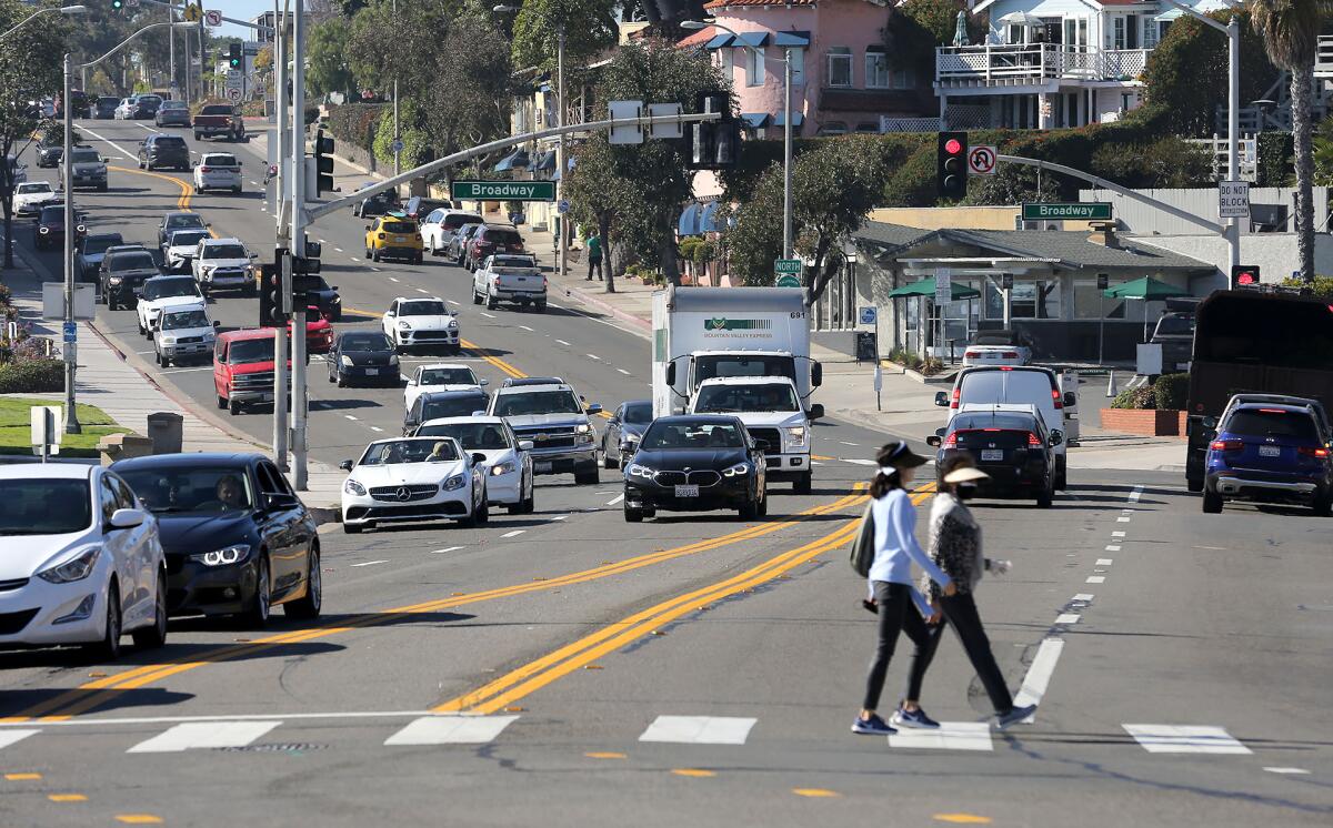 The intersection of South Coast Highway and Broadway, where a Caltrans construction project is scheduled to begin in April.