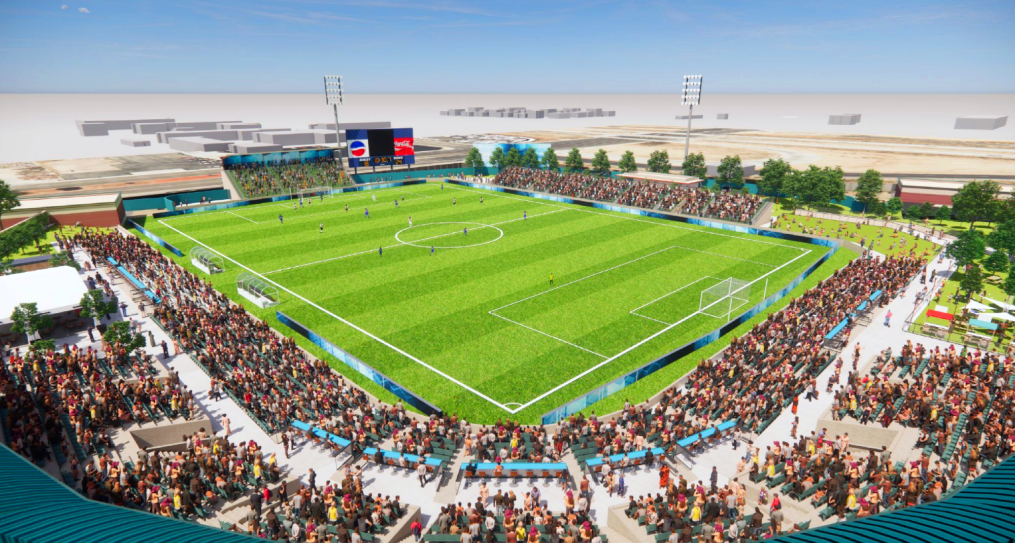 A rendering of a proposed soccer stadium at Lancaster Municipal Stadium, the former home of the Lancaster JetHawks.