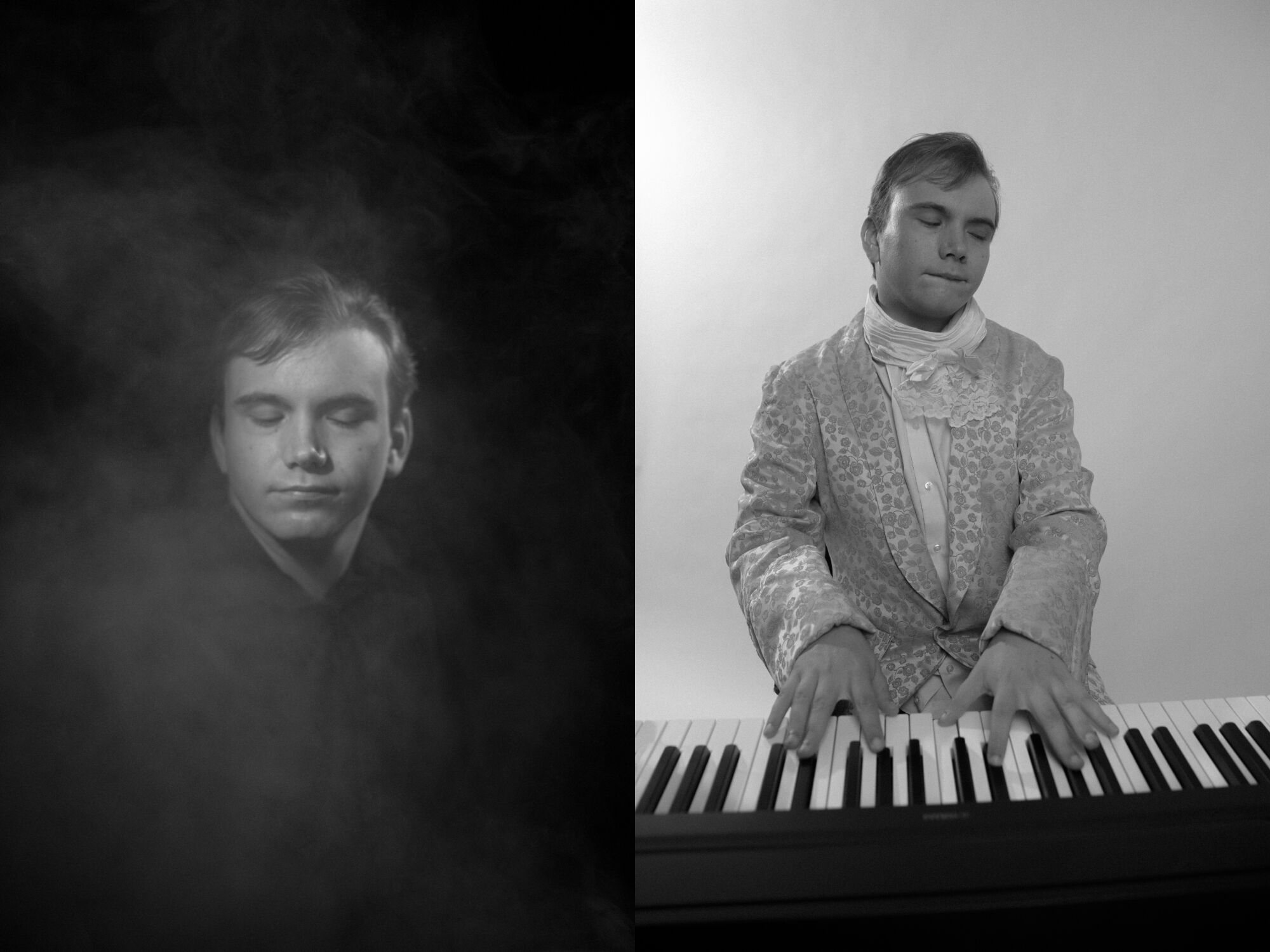A split image shows a man closing his eyes surrounded by mist, left, and playing the piano in costume, right.