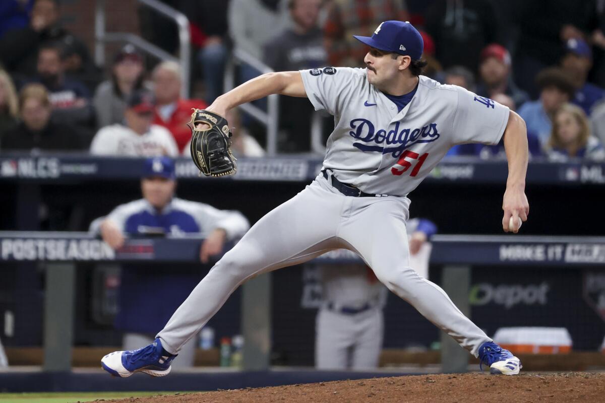 Dodgers relief pitcher Alex Vesia delivers during the fifth inning against the Atlanta Braves.
