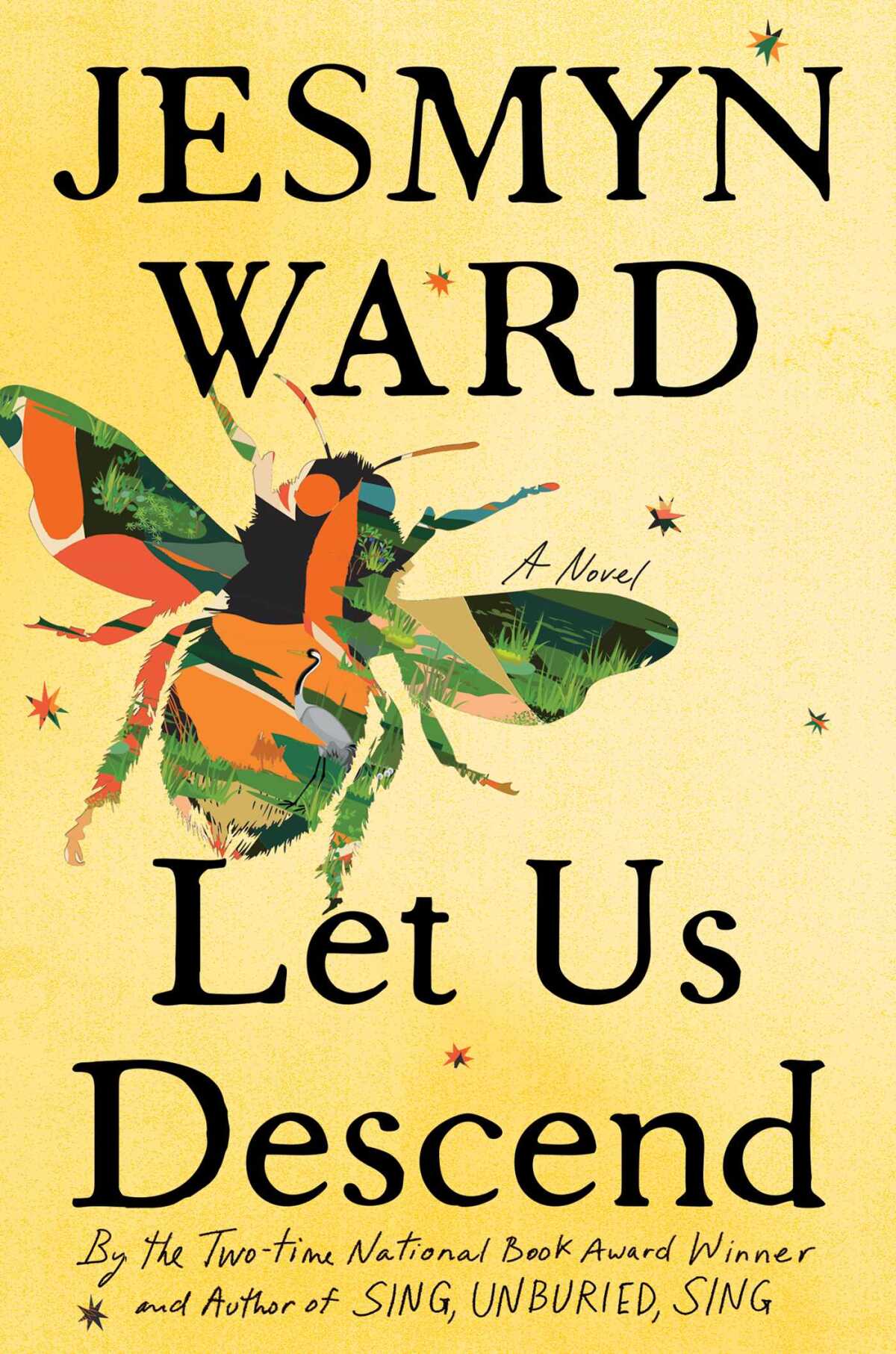 The cover of "Let Us Descend" by Jesmyn Ward features a multicolored illustration of a bee.