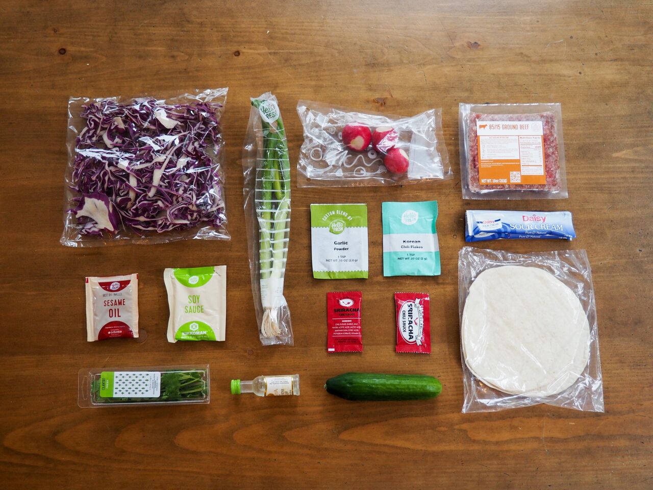 Ingredients for the Hello Fresh sesame beef tacos with quick-pickled veggies.