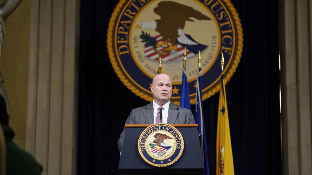 Acting Attorney General Matthew Whitaker speaks at the Justice Department in Washington on Nov. 15.