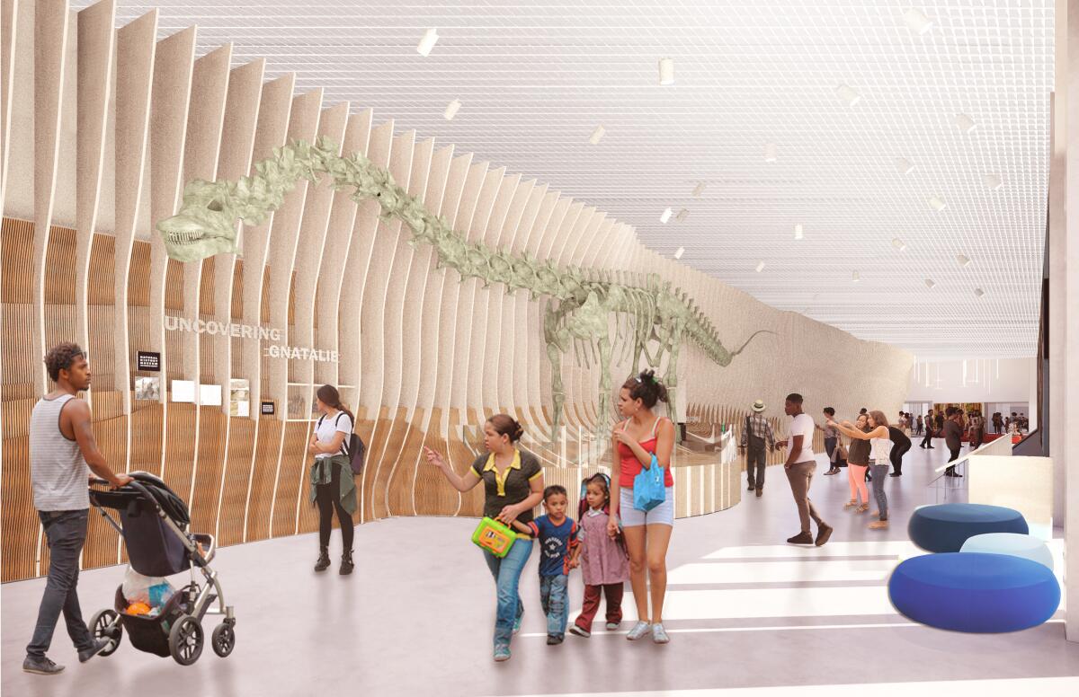A computer rendering of families walking around a dinosaur skeleton in a museum.