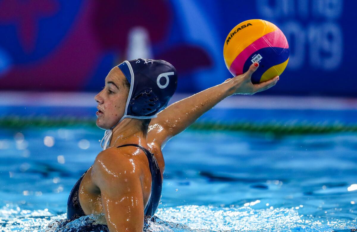Maggie Steffens takes a shot during a preliminary match between the U.S. and Venezuela during the Pan American Games in August.